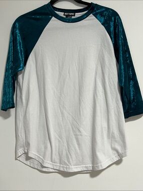 Hot Topic White and Teal Velvet Raglan Tee